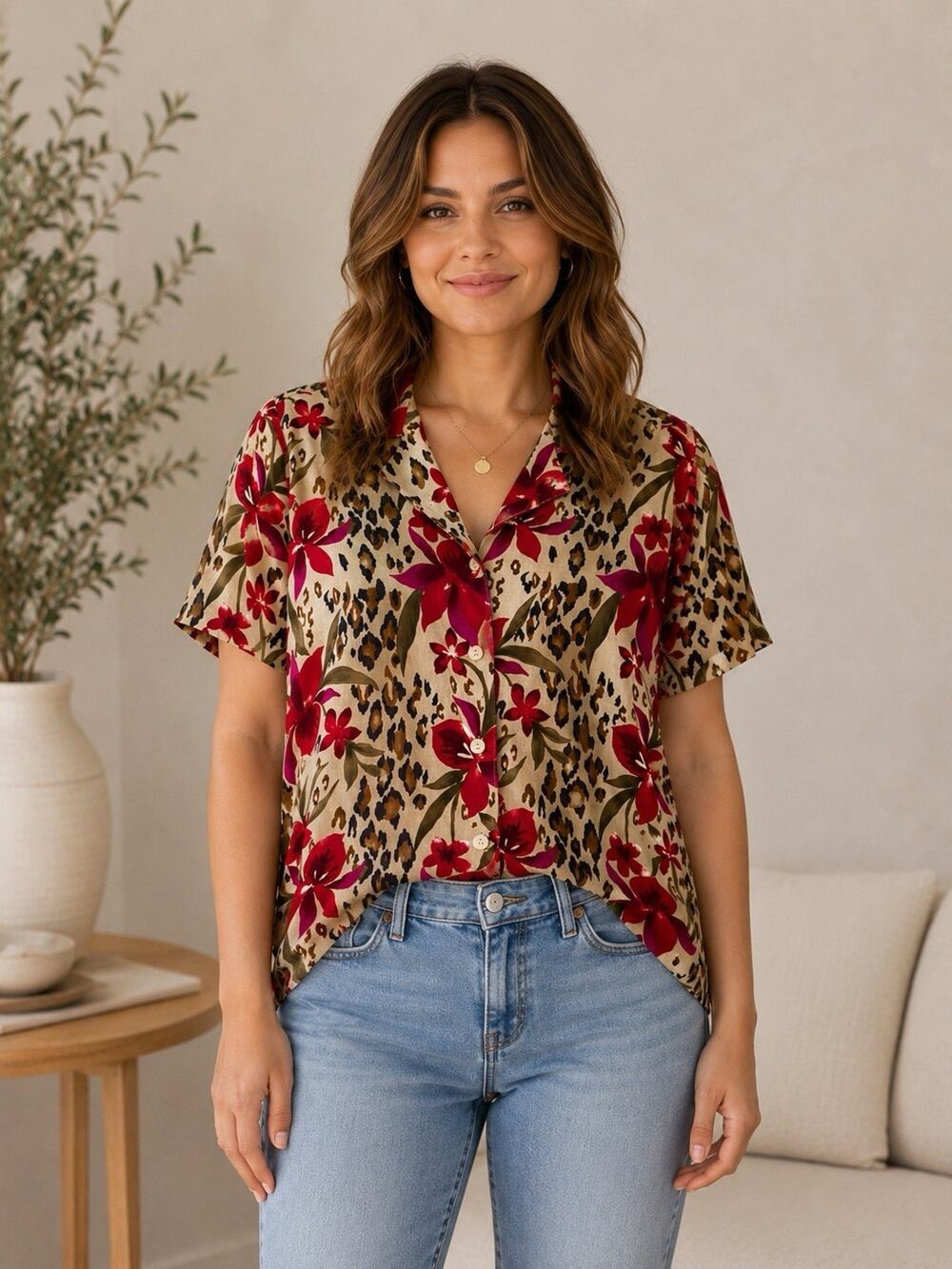 Vintage Notations Blouse M Short Sleeve Cheetah Floral Beach Party Collared